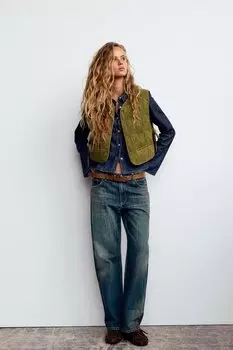 Стеганый жилет с завязкой ZARA, оливково-зеленый