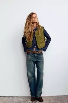 Стеганый жилет с завязкой ZARA, оливково-зеленый