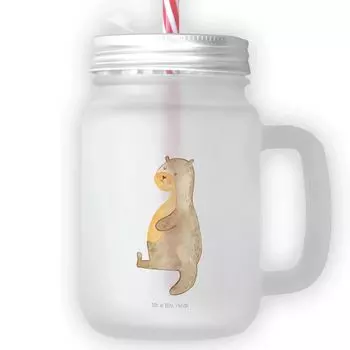 Стеклянная банка для питья «Мистер и миссис Панда» Mason Jar Otter Belly — прозрачный — подарок, атласное стекло, морская выдра «Морская выдра», стеклянная винтовая крышка, бокал для коктейля, стеклянная ручка Mr. & Mrs. Panda, белый