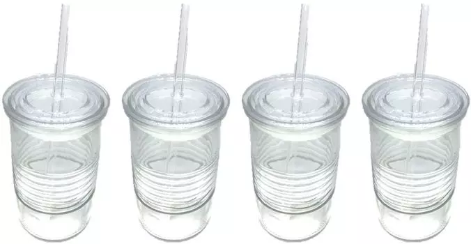 Стеклянные кружки с крышкой и стеклянной трубочкой, набор из 4 440 мл, можно мыть в посудомоечной машине, стакан для питья, прозрачный James Premium, белый