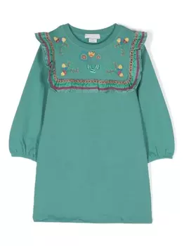 Stella McCartney Kids платье мини с оборками и вышивкой, зеленый