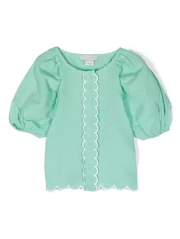 Stella McCartney Kids рубашка из смесового льна с фестонами, зеленый