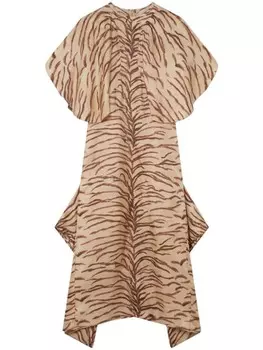 Stella McCartney платье-миди из органического шелка с тигровым принтом, коричневый
