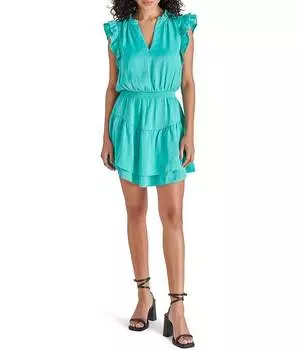 Steve Madden Атласное мини-блузонное платье Prairie Dreams с v-образным вырезом и рюшами и короткими рукавами, синий