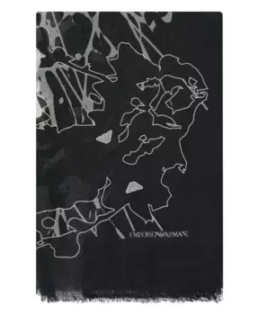 Стильный шарф с принтом и бахромой по краям. Emporio Armani, черный