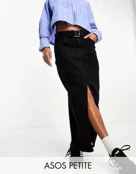 Стираная черная джинсовая юбка макси с разрезом по краю ASOS DESIGN Petite