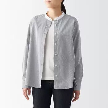 Стираная рубашка с широким воротником-стойкой MUJI, серая полоса