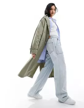 Стираный тренч цвета хаки Stradivarius