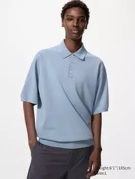 Стирающийся трикотажный джемпер-поло (короткий рукав) Uniqlo, синий