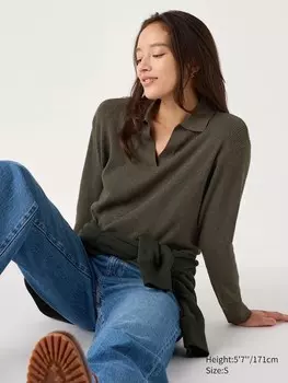 Стирающийся трикотажный джемпер поло в рубчик Uniqlo, зеленый