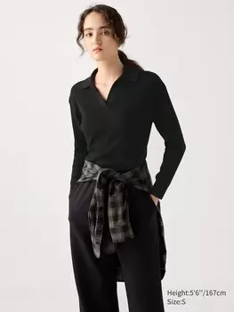 Стирающийся трикотажный джемпер поло в рубчик Uniqlo, черный
