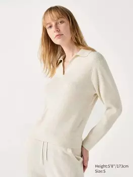 Стирающийся трикотажный джемпер поло в рубчик Uniqlo, бежевый