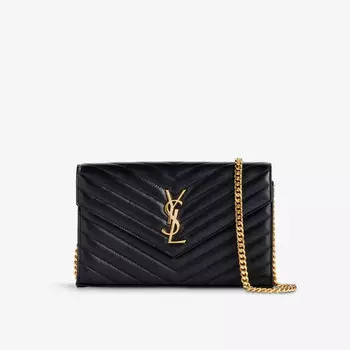 Стёганый кожаный кошелек на цепочке с фирменной бляшкой Saint Laurent, черный
