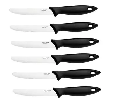 Столовые ножи Fiskars, 6 предметов — ножи для томатов функциональной формы с зубчатым краем, нержавеющие — нержавеющая сталь/пластик — черные