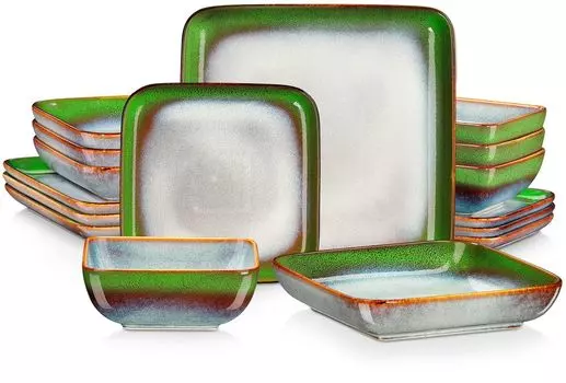 Столовый сервиз из керамики, комбинированный сервиз STERN Vancasso из 16 предметов, набор посуды в винтажном стиле, миски для хлопьев, суповые тарелки, десертные тарелки и обеденные тарелки на 4 персоны, зеленый