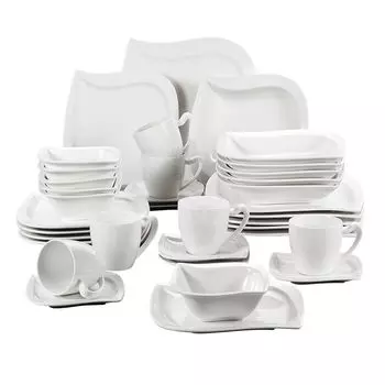 Столовый сервиз MALACASA »ELVIRA« Фарфоровый комбинированный сервиз из 36 предметов: чашки, блюдца, десертные тарелки, суповые тарелки, плоские тарелки и миска для хлопьев на 6 персон, белый