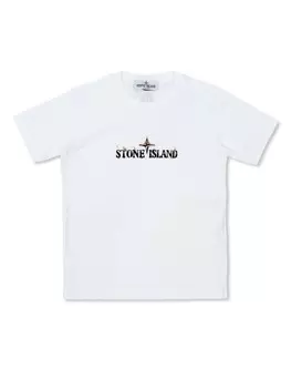 Stone Island Junior футболка из хлопка с напечатанным логотипом и потертостями, белый