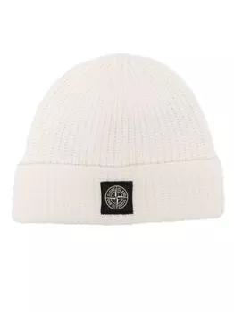 Stone Island шапка бини в рубчик с нашивкой Compass, нейтральный цвет