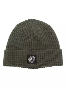 Stone Island шапка бини в рубчик с нашивкой-логотипом, зеленый