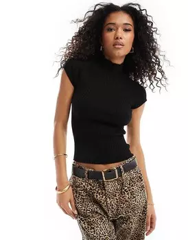 Stradivarius – Черный вязаный топ с короткими рукавами и водолазкой
