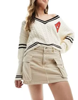 Stradivarius — Юбка из денима с множеством карманов каменного цвета