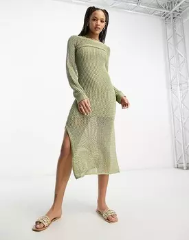 Stradivarius – Платье макси крючком цвета хаки с эффектом 2-в-1