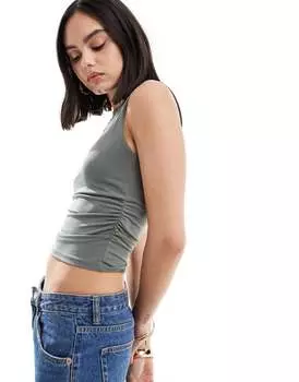 Stradivarius — топ цвета хаки с вырезом «лодочка» и сборками