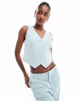 Stradivarius укороченный жилет с открытой спиной в светло-голубом цвете, имитирующий лён
