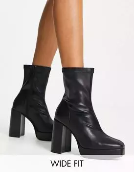 Stradivarius Wide Fit – черные ботинки на каблуке и платформе, широкая посадка