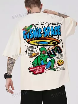 Street Life Футболка с воротником, мультяшным рисунком и надписью на плече для мужчин, школьная Romwe, хаки