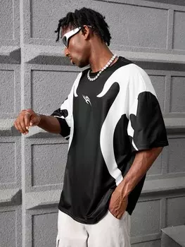 Streetrush Мужская футболка с круглым вырезом, свободного кроя, контрастный цифровой принт, черно-белая, удобная футболка из нетканого материала Manfinity, черно-белый