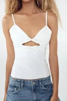 Стрейч-топ с вырезами и бантами ZARA, белый