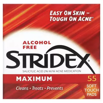 Stridex, Одношаговое средство от угрей, максимальная сила, без спирта, 55 мягких салфеток