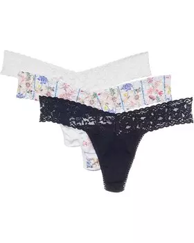Стринги Hanky Panky Cotton and Lace Low Rise Thong 3 Pack, цвет White/Flower Crown/Navy
