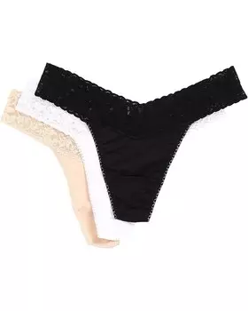 Стринги Hanky Panky Organic Cotton Original Rise Thong w/ Lace 3-Pack, цвет Black/White/Chai