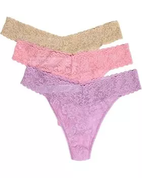 Стринги Hanky Panky Signature Lace Original Rise Thong 3-Pack, цвет Pink Lady/Viola Purple/Sand
