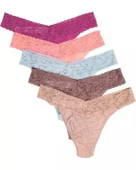 Стринги Hanky Panky Signature Lace Original Rise Thong 5-Pack, цвет Seashell Beige/Peachfizz/Pearl Grey/Artichoke Heart/Desert Rose