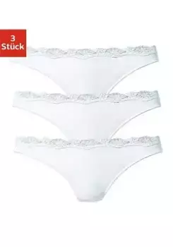 Стринги LASCANA (3 шт.) из эластичного хлопка с нежным кружевом, белый