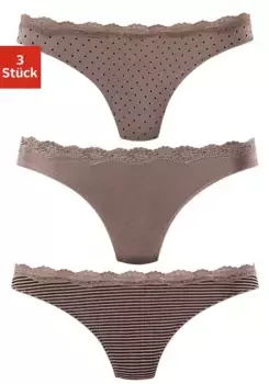 Стринги LASCANA (3 шт.) из эластичного хлопка с нежным кружевом, коричневый