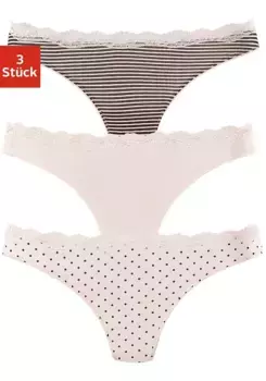 Стринги LASCANA (3 шт.) из эластичного хлопка с нежным кружевом, цвет Rosa-Uni, Gepunktet-Gestreift, Gestreift