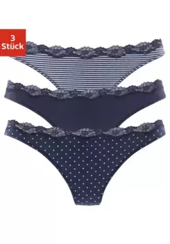 Стринги LASCANA (3 шт.) из эластичного хлопка с нежным кружевом, синий