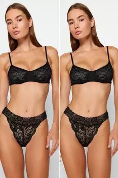 Стринги Trendyol из хлопка с кружевными деталями 2 шт, черный