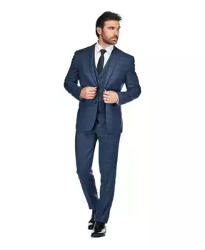 Стройный синий мужской костюм-тройка в клетку Slim Fit 3PC Tailored Blue Check Gino Vitale