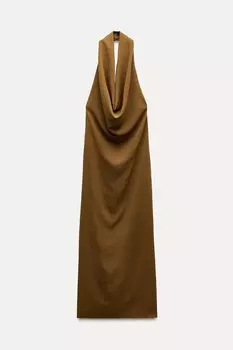 Струйное платье с драпированной деталью ZARA, охра