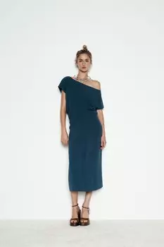 Струйное платье со складками ZARA, синий