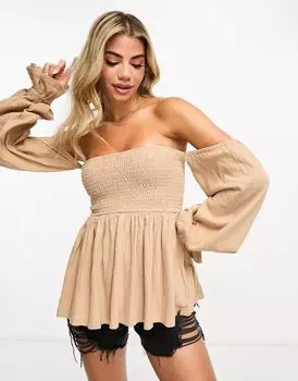 Структурированная блузка с открытыми плечами ASOS каменно-бежевого цвета