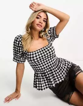 Структурированная свободная блузка с пышными рукавами ASOS в клетку с принтом