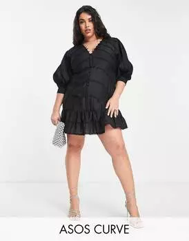 Структурированное мини-платье ASOS DESIGN Curve с кружевной отделкой и пышными рукавами