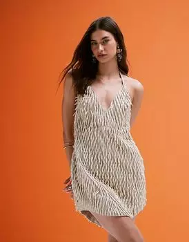 Структурированное мини-платье ASOS DESIGN с 3D-бисером кремового цвета