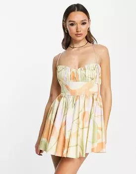 Структурированное выпускное платье мини с корсетом и принтом с завитками ASOS DESIGN